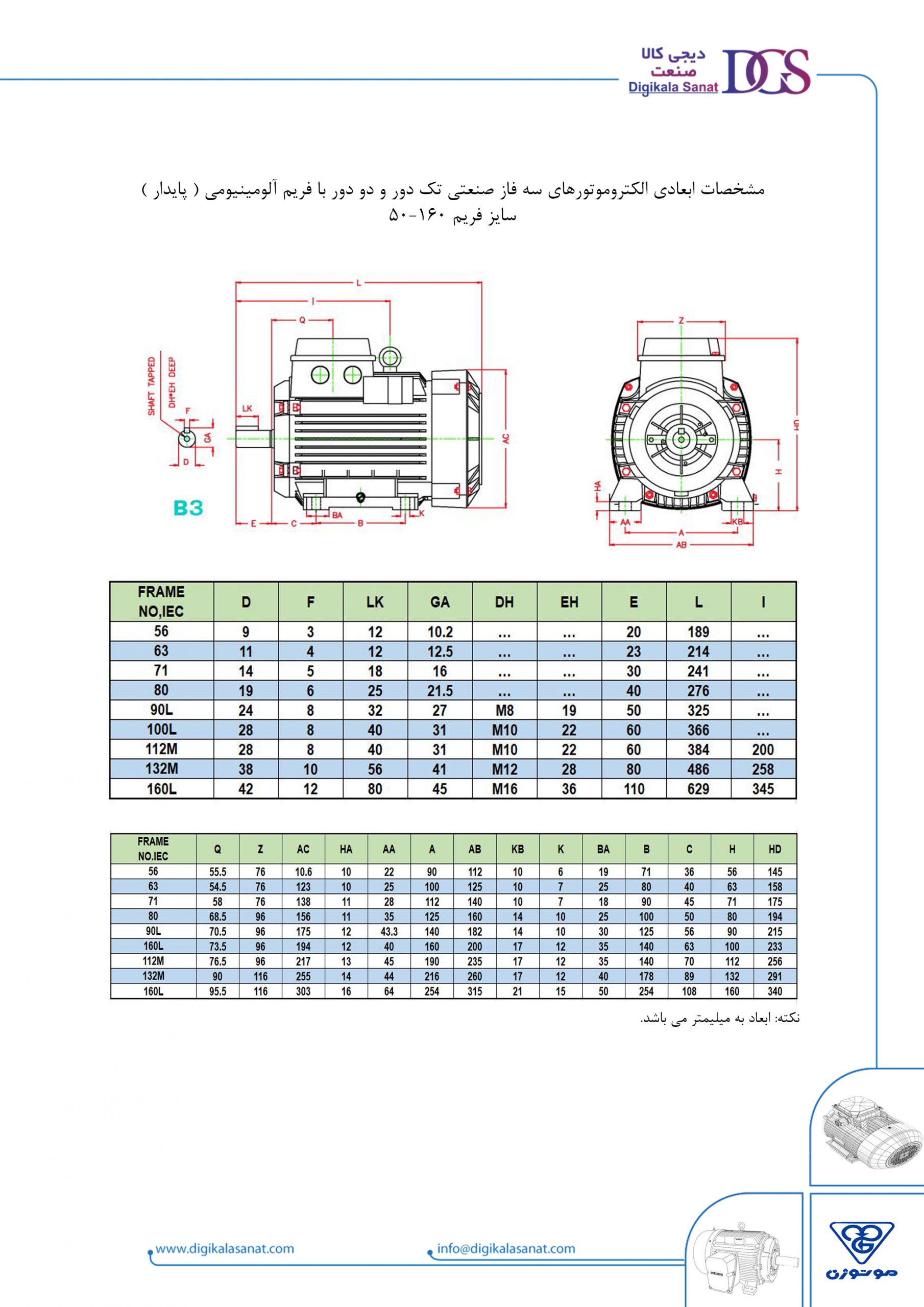 ابعاد و اندازه الکتروموتور سه فاز پوسته آلومینیومی